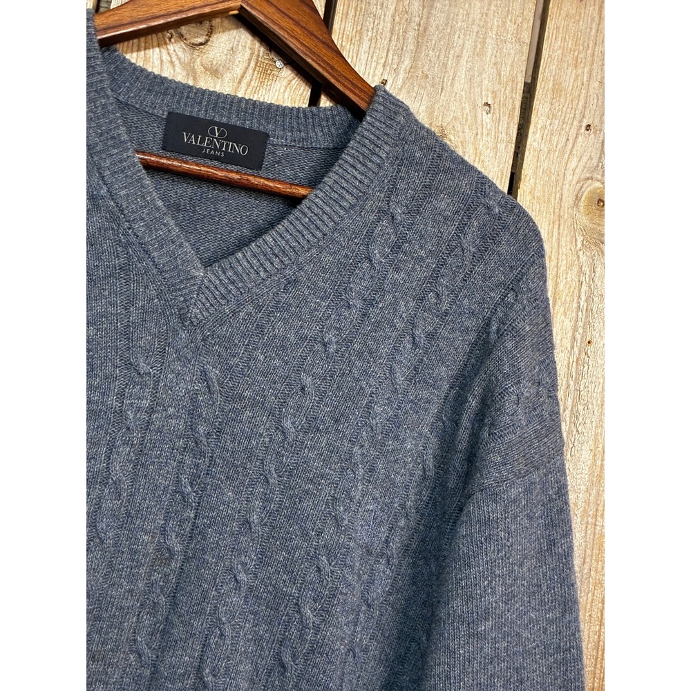 Valentino Jeans Blue Cable Knit V-Neck 100% Virgin Wool Sweater Made in Italy